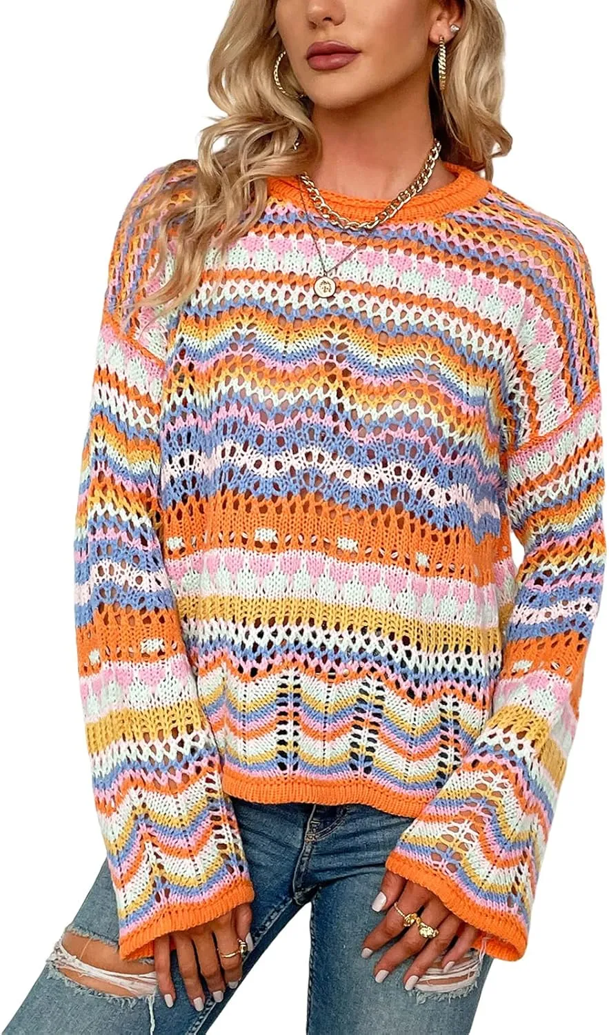 Women's Colorful Hollow Out Knit Sweater Casual Loose Long Flared Sleeve Rainbow Striped Crochet Pullover Knitwear