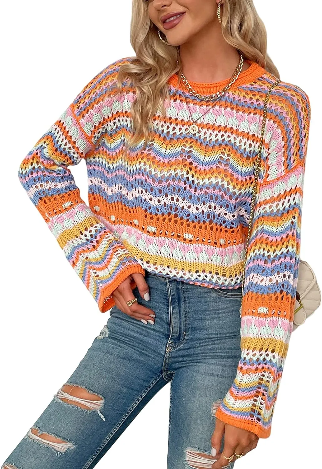 Women's Colorful Hollow Out Knit Sweater Casual Loose Long Flared Sleeve Rainbow Striped Crochet Pullover Knitwear