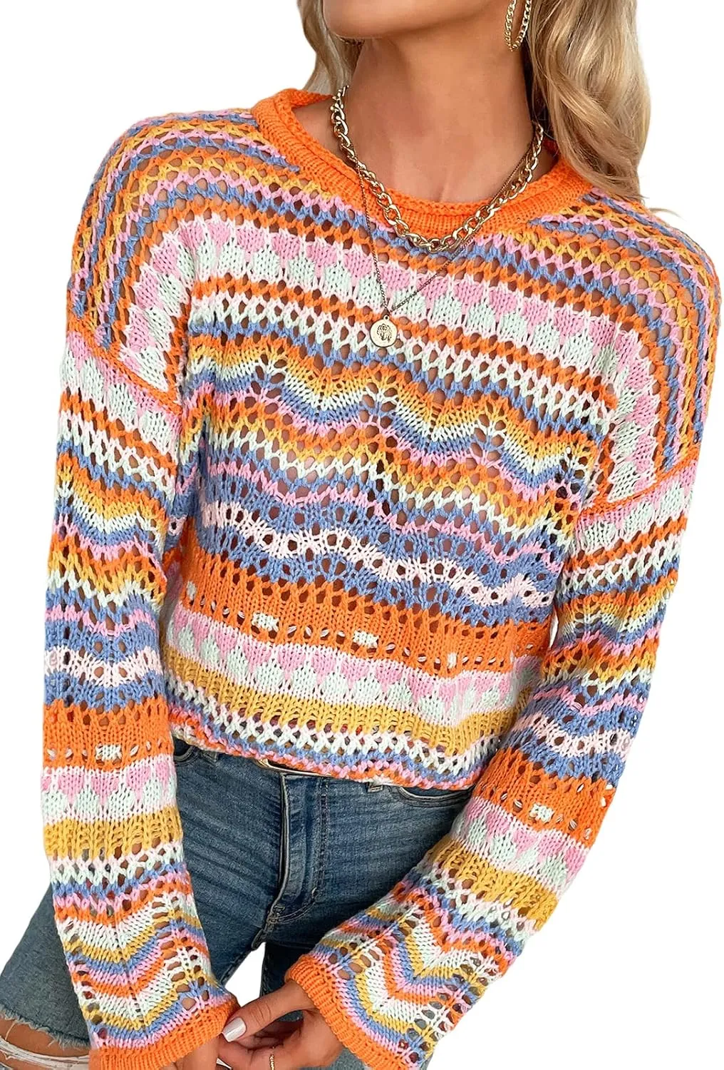 Women's Colorful Hollow Out Knit Sweater Casual Loose Long Flared Sleeve Rainbow Striped Crochet Pullover Knitwear