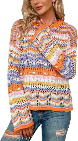 Women's Colorful Hollow Out Knit Sweater Casual Loose Long Flared Sleeve Rainbow Striped Crochet Pullover Knitwear