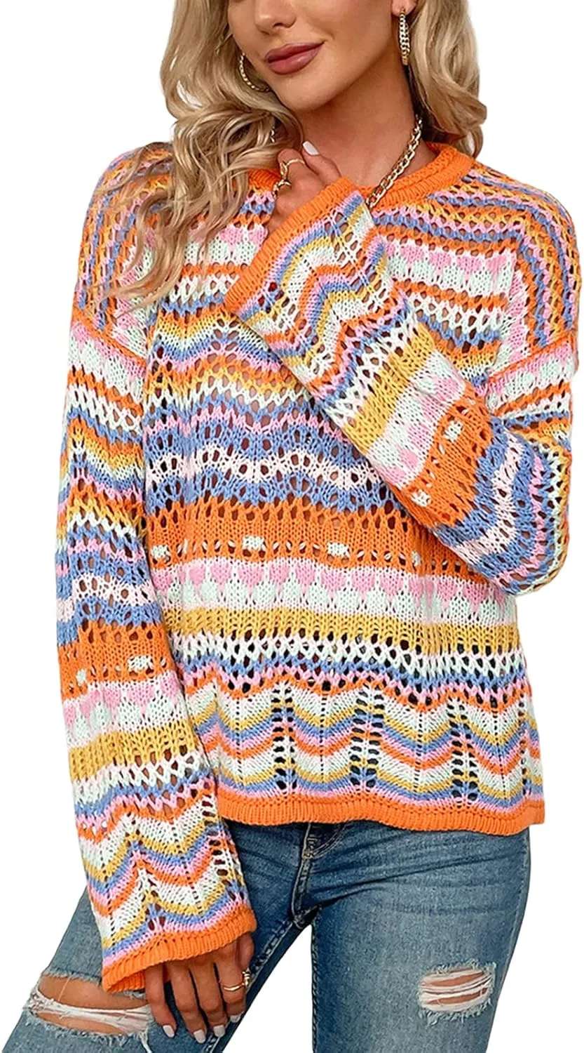Women's Colorful Hollow Out Knit Sweater Casual Loose Long Flared Sleeve Rainbow Striped Crochet Pullover Knitwear