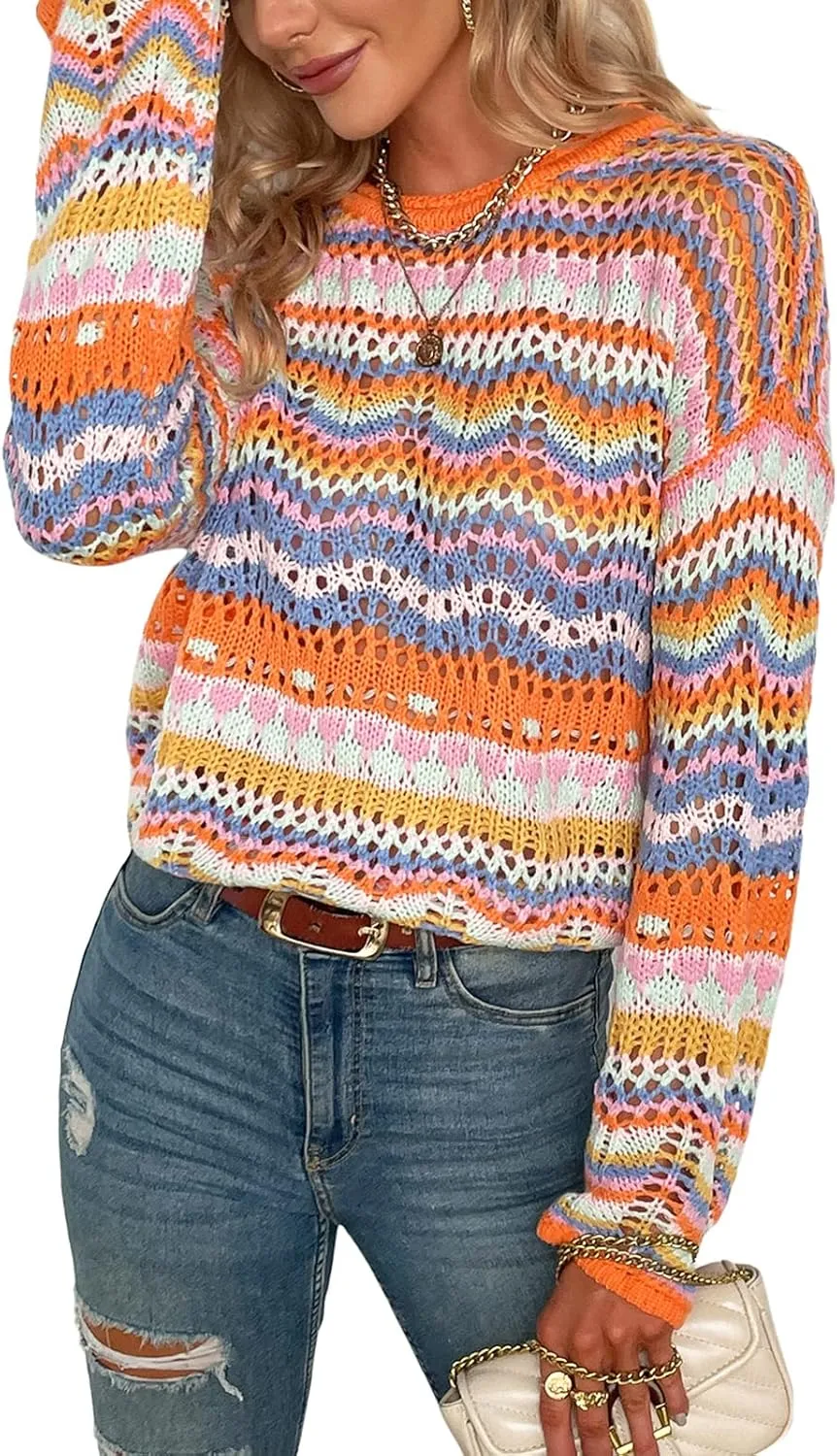 Women's Colorful Hollow Out Knit Sweater Casual Loose Long Flared Sleeve Rainbow Striped Crochet Pullover Knitwear