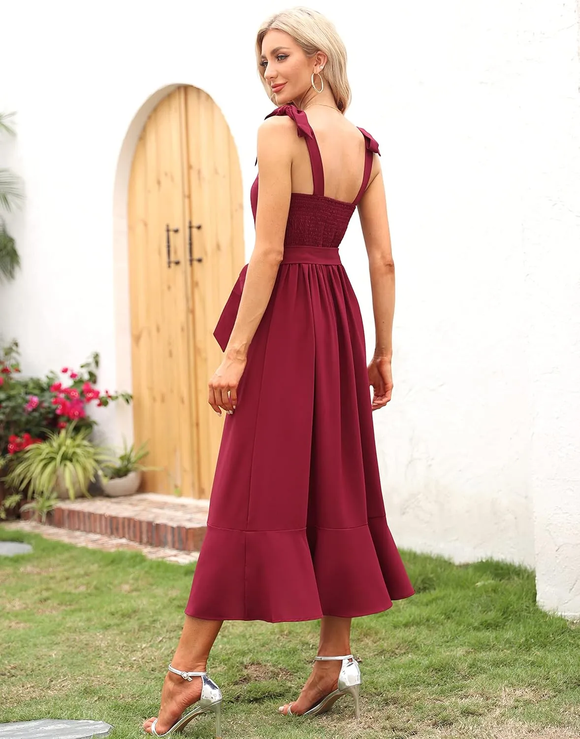 Women's Elegant Bridesmaid Dresses Square Neck Ruffle Split Midi Formal Dress for Wedding Guest Cocktail Party