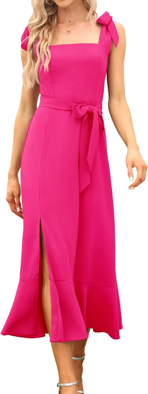 Women's Elegant Bridesmaid Dresses Square Neck Ruffle Split Midi Formal Dress for Wedding Guest Cocktail Party