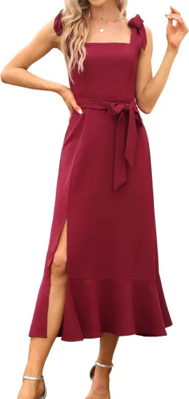 Women's Elegant Bridesmaid Dresses Square Neck Ruffle Split Midi Formal Dress for Wedding Guest Cocktail Party