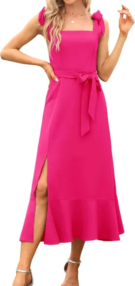 Women's Elegant Bridesmaid Dresses Square Neck Ruffle Split Midi Formal Dress for Wedding Guest Cocktail Party
