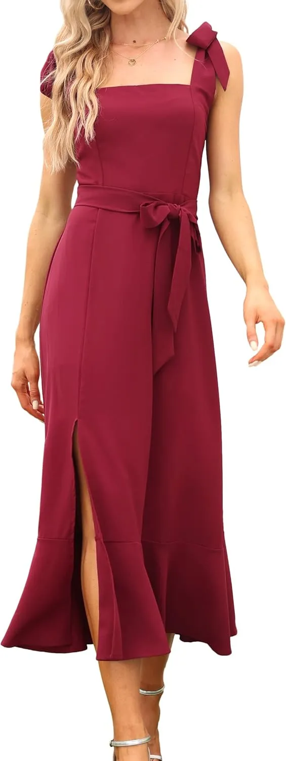 Women's Elegant Bridesmaid Dresses Square Neck Ruffle Split Midi Formal Dress for Wedding Guest Cocktail Party