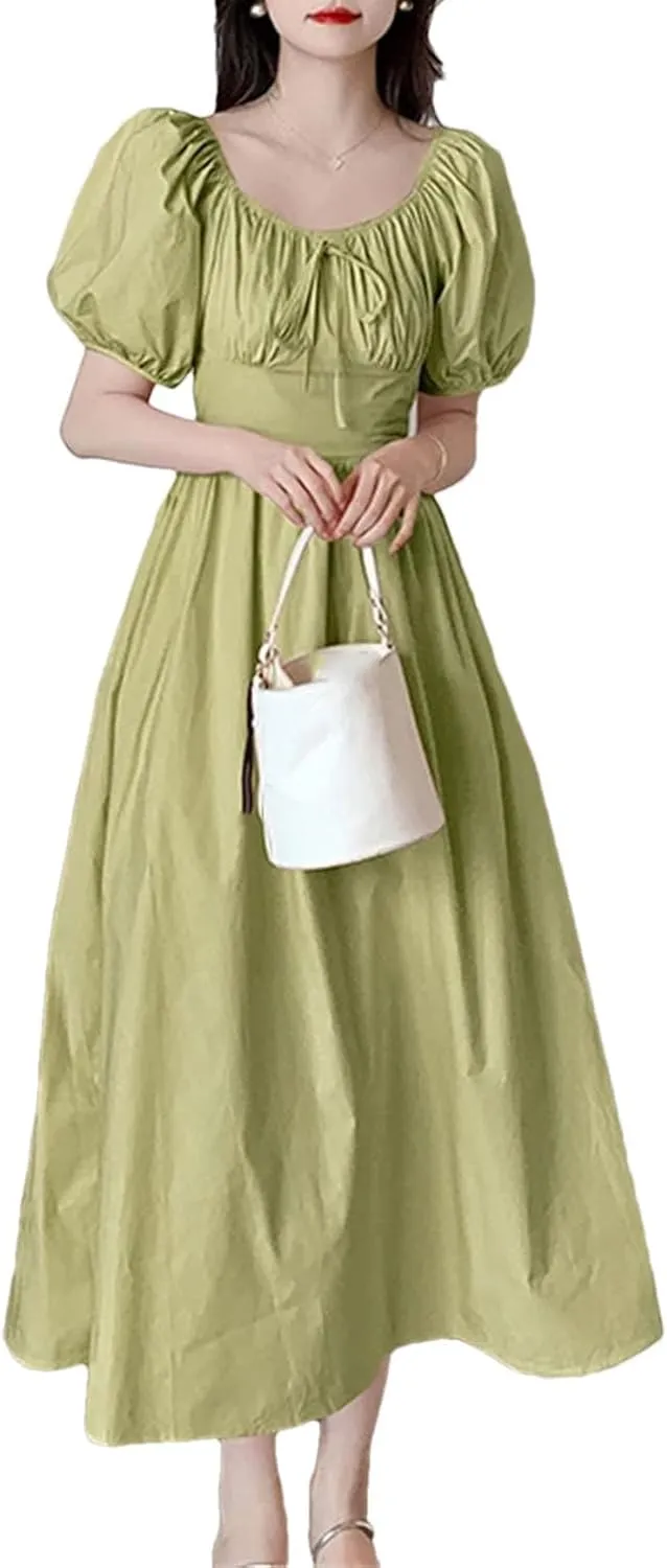 Women's Korean Pink Sweet Casual Party Princess Dress - Puff Short Sleeve Square Neck Casual Midi