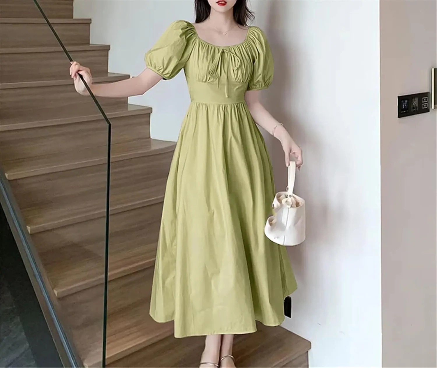 Women's Korean Pink Sweet Casual Party Princess Dress - Puff Short Sleeve Square Neck Casual Midi