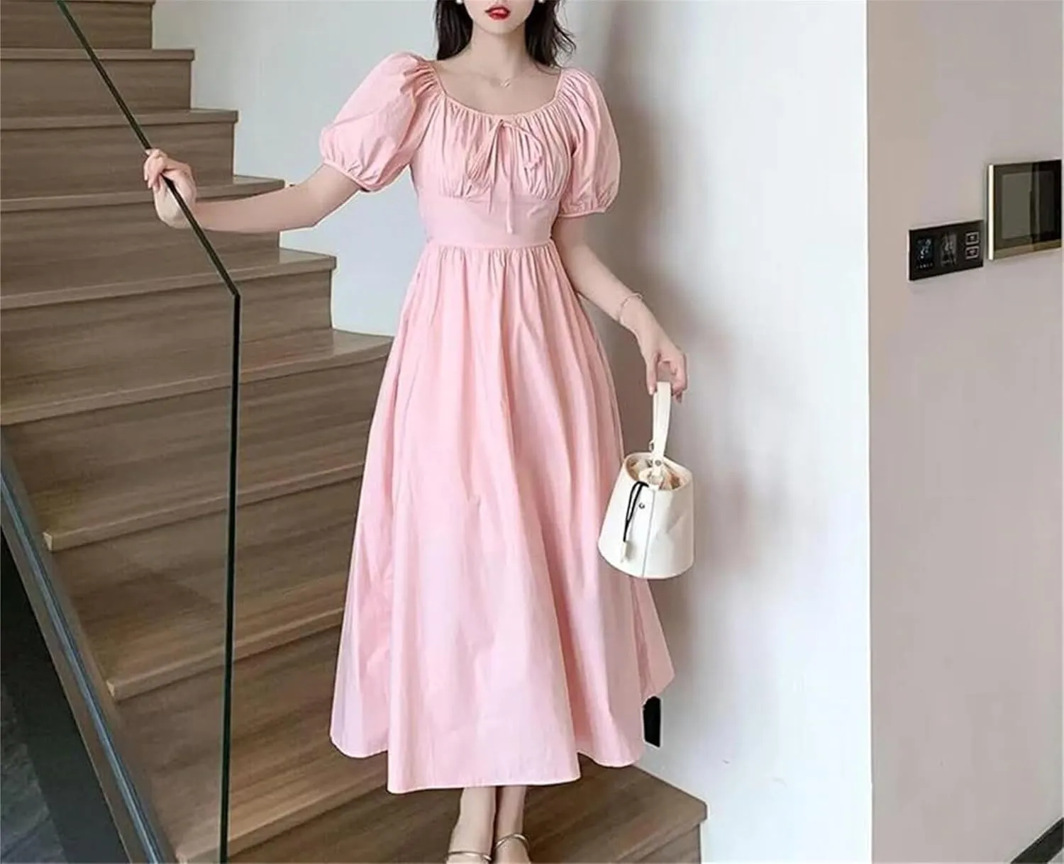 Women's Korean Pink Sweet Casual Party Princess Dress - Puff Short Sleeve Square Neck Casual Midi