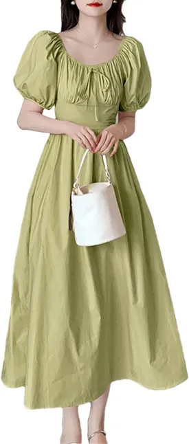 Women's Korean Pink Sweet Casual Party Princess Dress - Puff Short Sleeve Square Neck Casual Midi