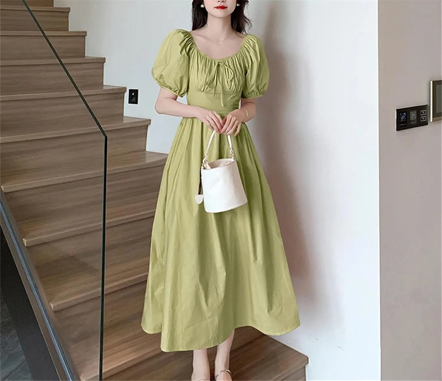 Women's Korean Pink Sweet Casual Party Princess Dress - Puff Short Sleeve Square Neck Casual Midi