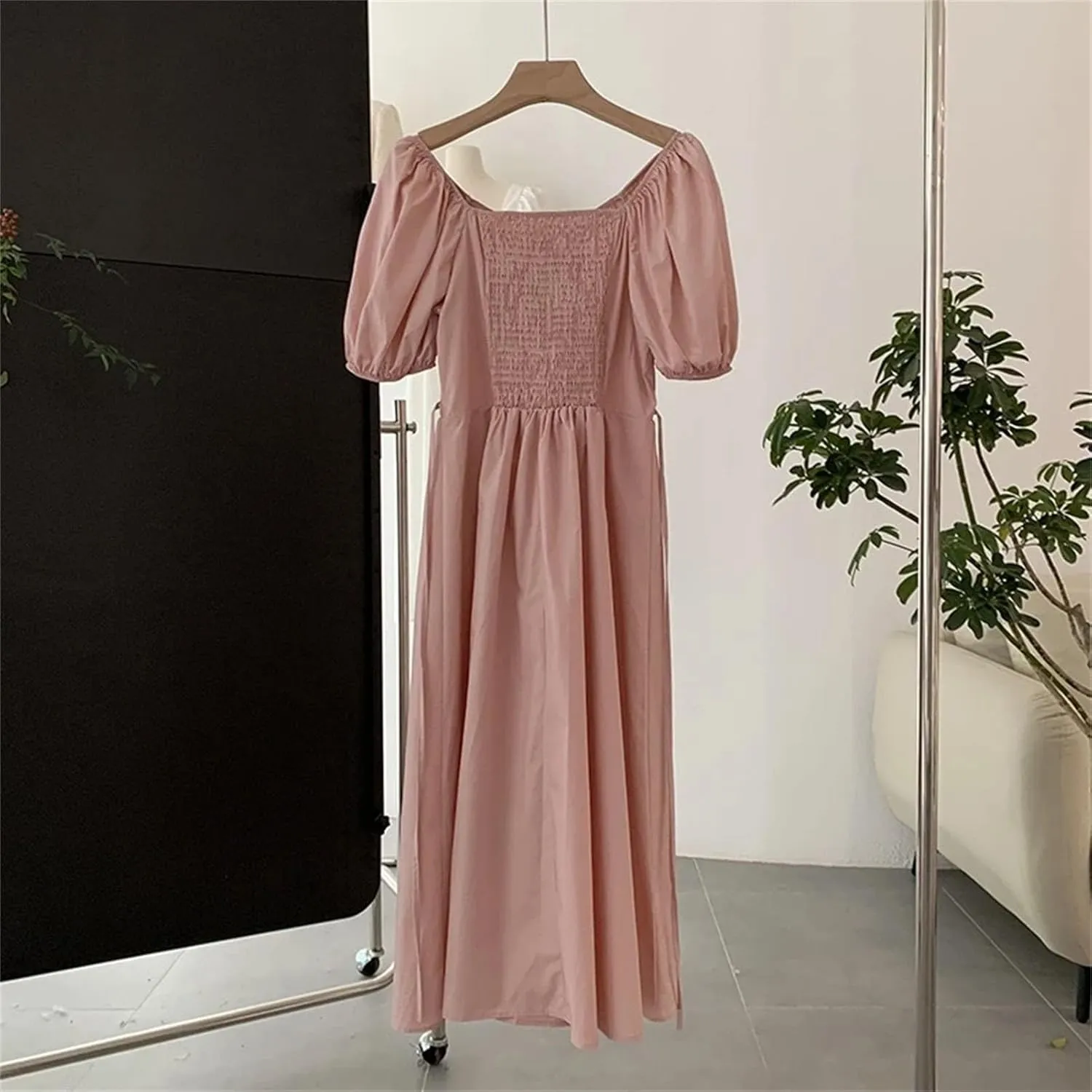 Women's Korean Pink Sweet Casual Party Princess Dress - Puff Short Sleeve Square Neck Casual Midi