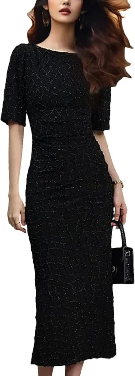 Women's Silk Plaid Office Dress - O-Neck Short Sleeve Bodycon Classic
