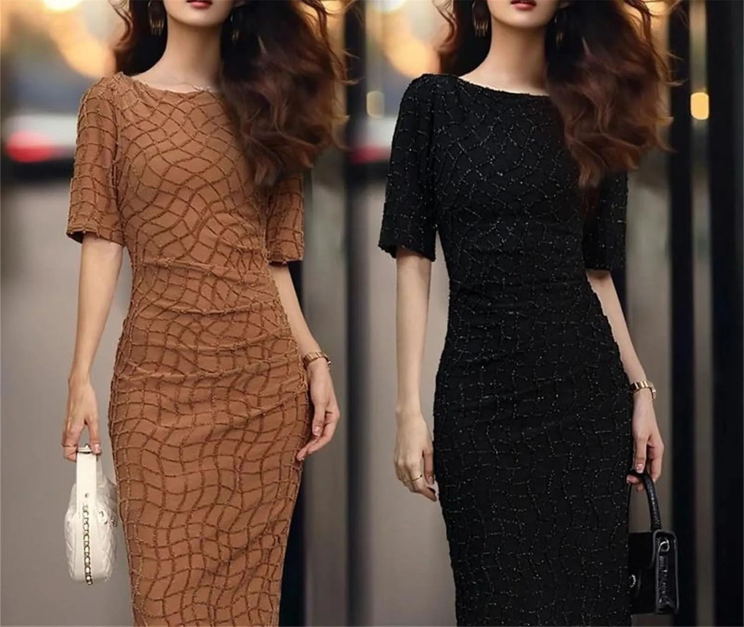 Women's Silk Plaid Office Dress - O-Neck Short Sleeve Bodycon Classic