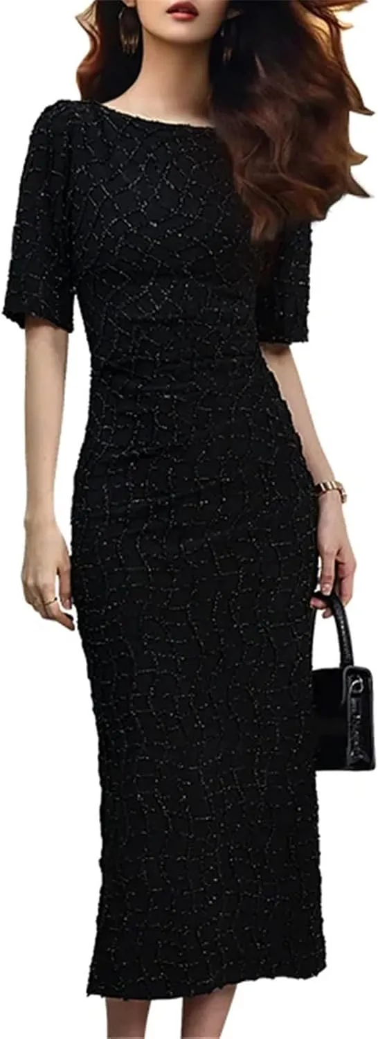 Women's Silk Plaid Office Dress - O-Neck Short Sleeve Bodycon Classic