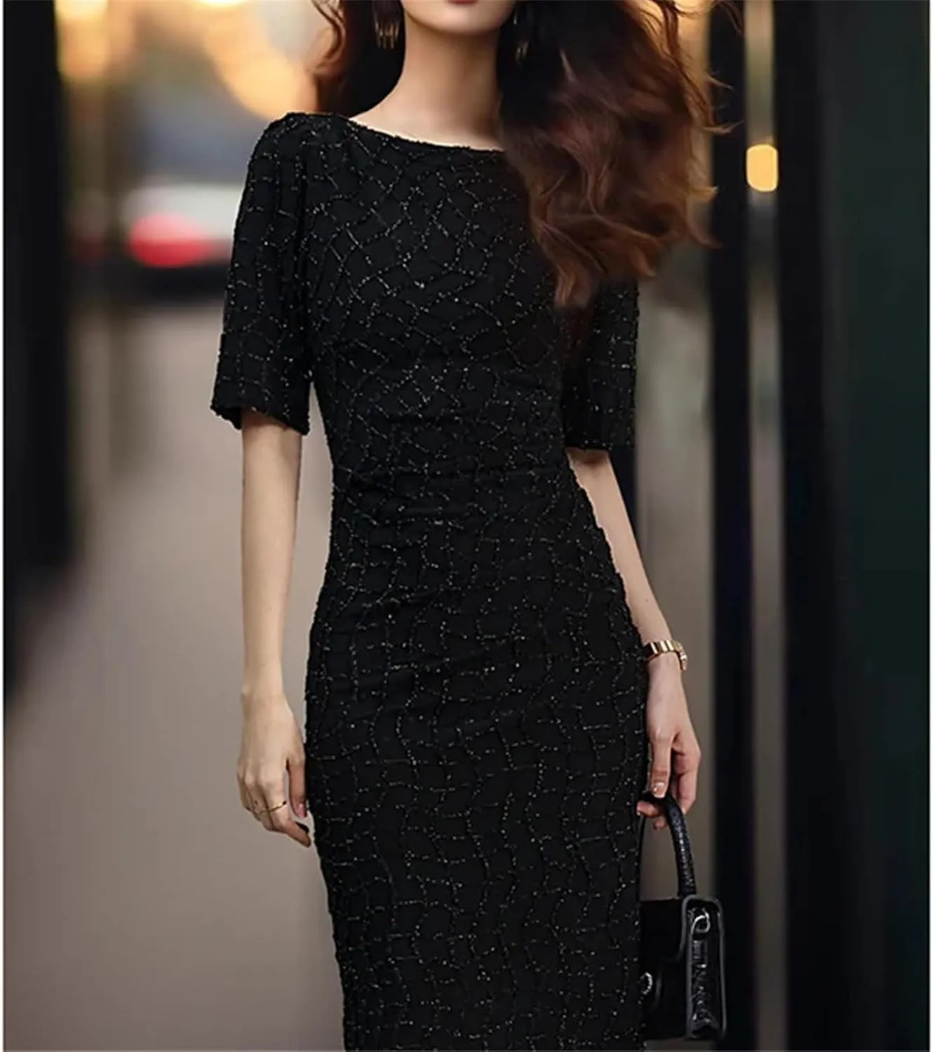 Women's Silk Plaid Office Dress - O-Neck Short Sleeve Bodycon Classic