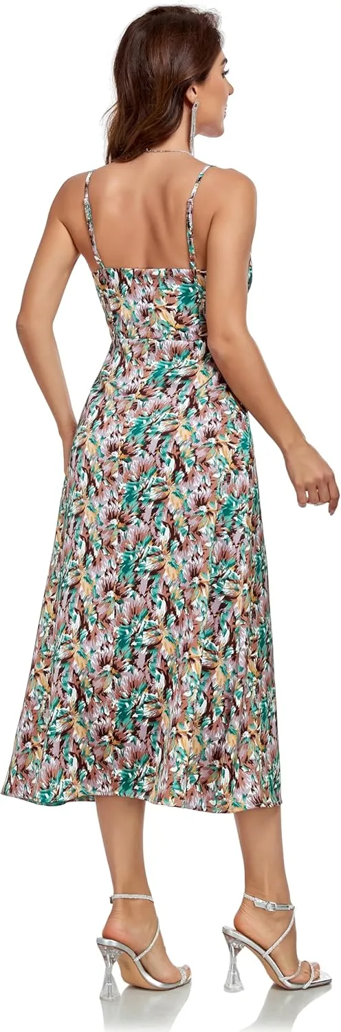 Women's Spaghetti Strap Midi Satin Silk Dress Slip V Neck Cocktail Casual Party Sexy Summer Dresses