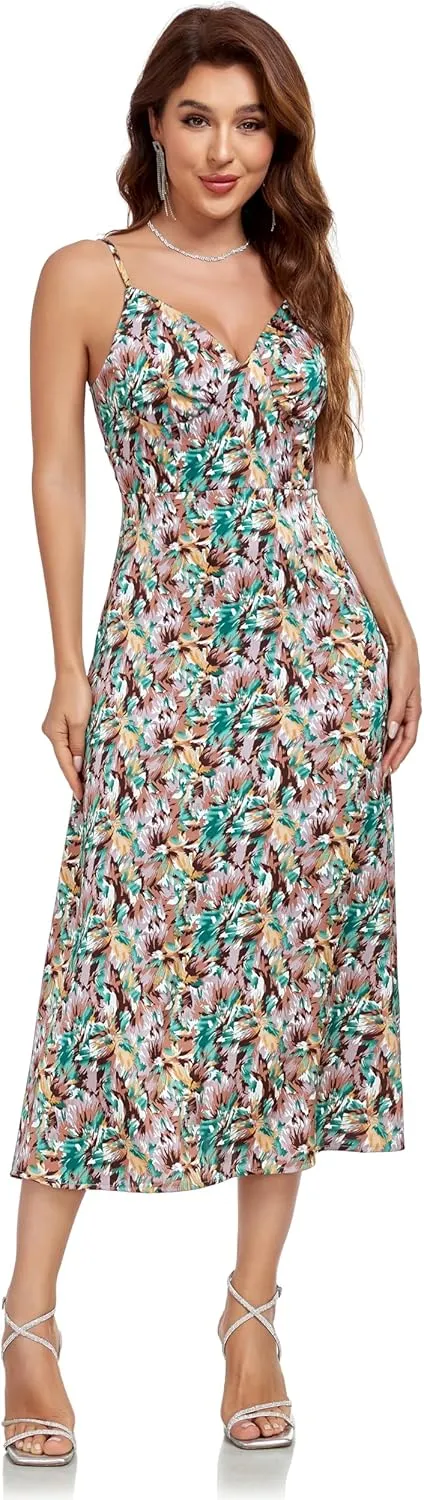 Women's Spaghetti Strap Midi Satin Silk Dress Slip V Neck Cocktail Casual Party Sexy Summer Dresses