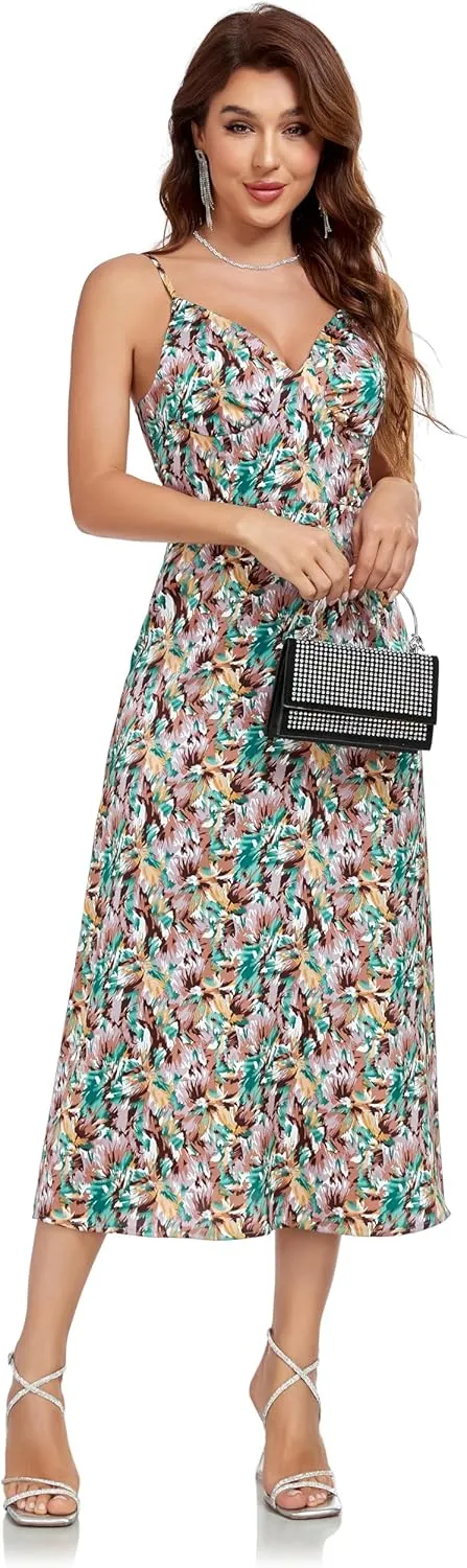 Women's Spaghetti Strap Midi Satin Silk Dress Slip V Neck Cocktail Casual Party Sexy Summer Dresses