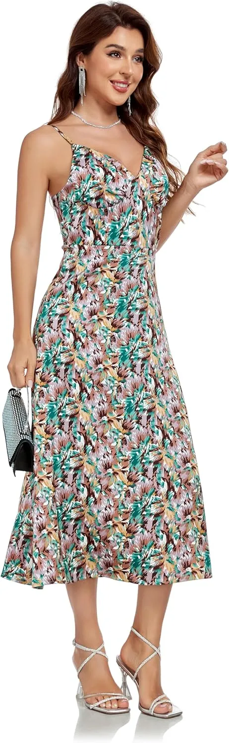 Women's Spaghetti Strap Midi Satin Silk Dress Slip V Neck Cocktail Casual Party Sexy Summer Dresses