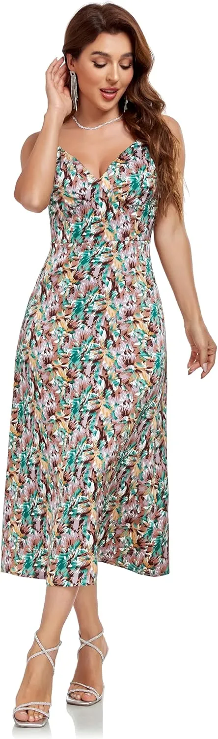Women's Spaghetti Strap Midi Satin Silk Dress Slip V Neck Cocktail Casual Party Sexy Summer Dresses