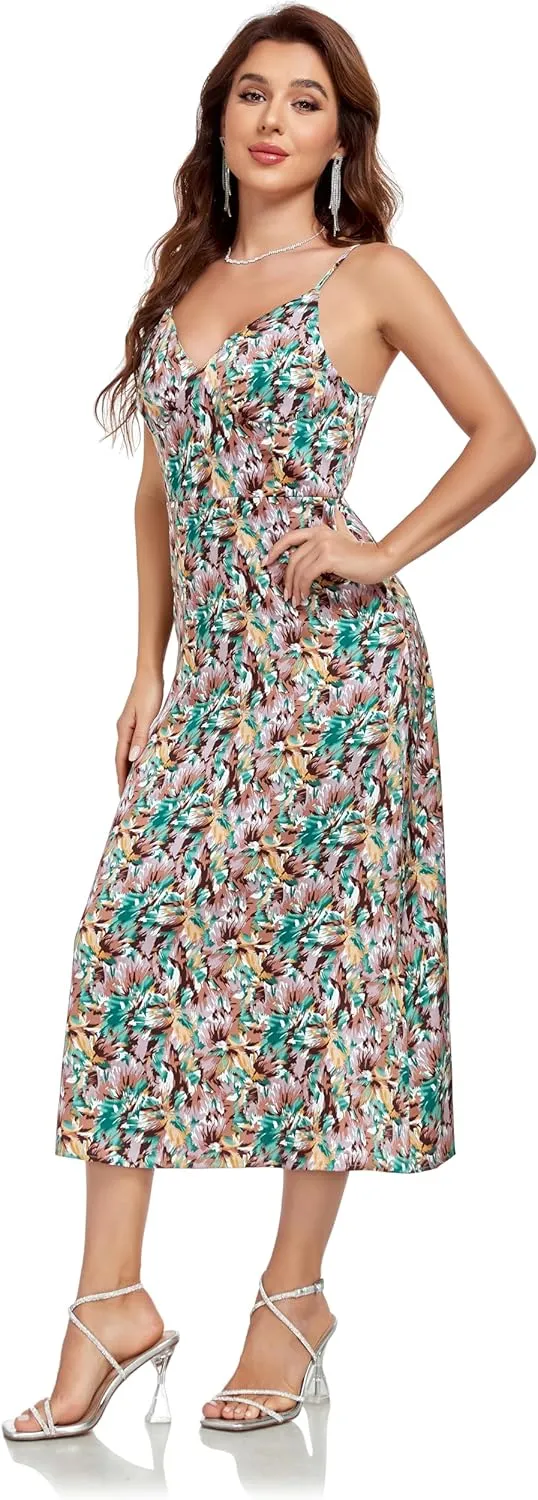 Women's Spaghetti Strap Midi Satin Silk Dress Slip V Neck Cocktail Casual Party Sexy Summer Dresses