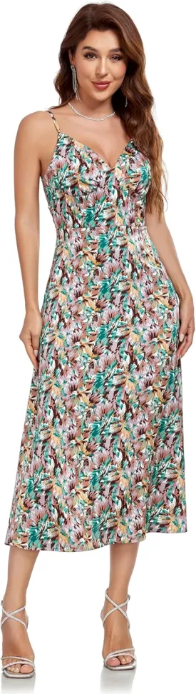 Women's Spaghetti Strap Midi Satin Silk Dress Slip V Neck Cocktail Casual Party Sexy Summer Dresses