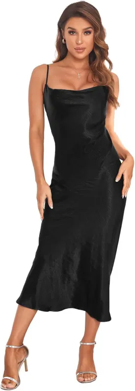 Women's Spaghetti Strap Midi Satin Silk Dresses Slip Cowl Neck Party Cocktail Evening Sexy Dress