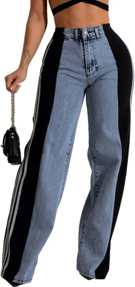 Womens Stretchy Jeans with Patchwork Stripes High Waisted Loose Denim Color Block Jean Straight Leg Pants