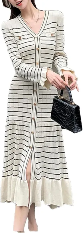 Women's Striped Knit Party Dress - V-Neck Long Sleeve Ruffled Fishtail Hem