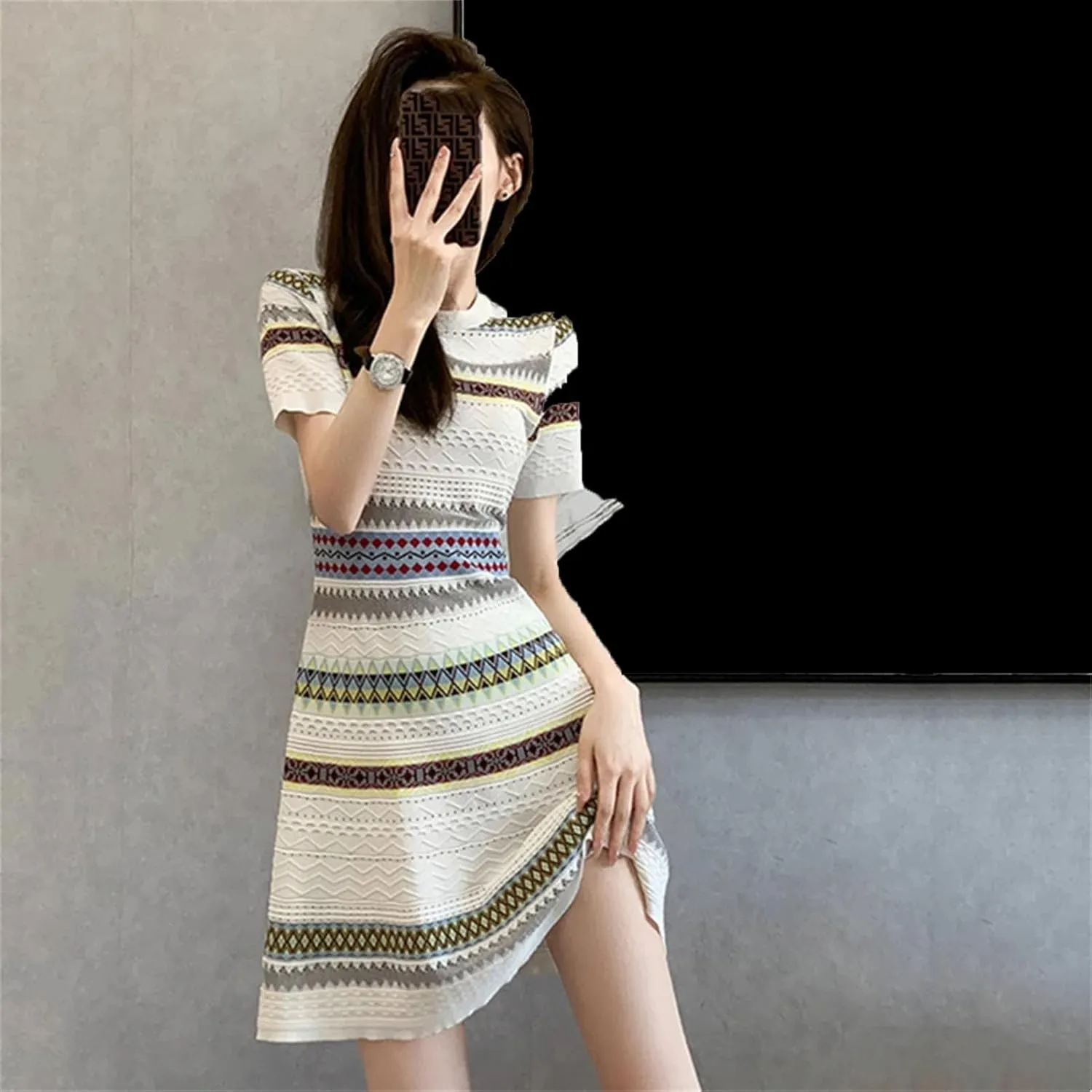 Women's Striped Knitted Mini Dress - French Retro O-Neck Short Sleeve Elegant Bodycon