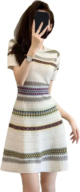 Women's Striped Knitted Mini Dress - French Retro O-Neck Short Sleeve Elegant Bodycon