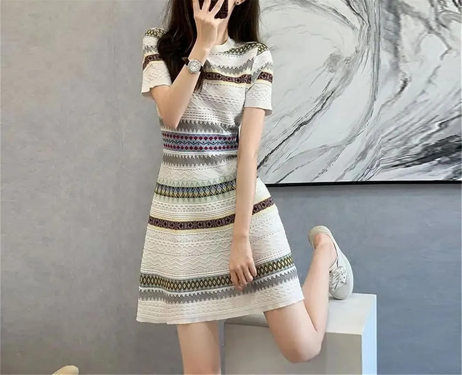 Women's Striped Knitted Mini Dress - French Retro O-Neck Short Sleeve Elegant Bodycon