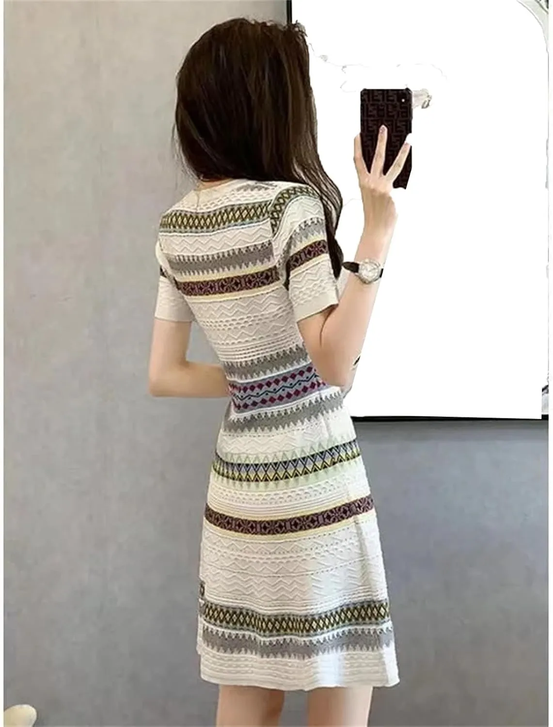 Women's Striped Knitted Mini Dress - French Retro O-Neck Short Sleeve Elegant Bodycon