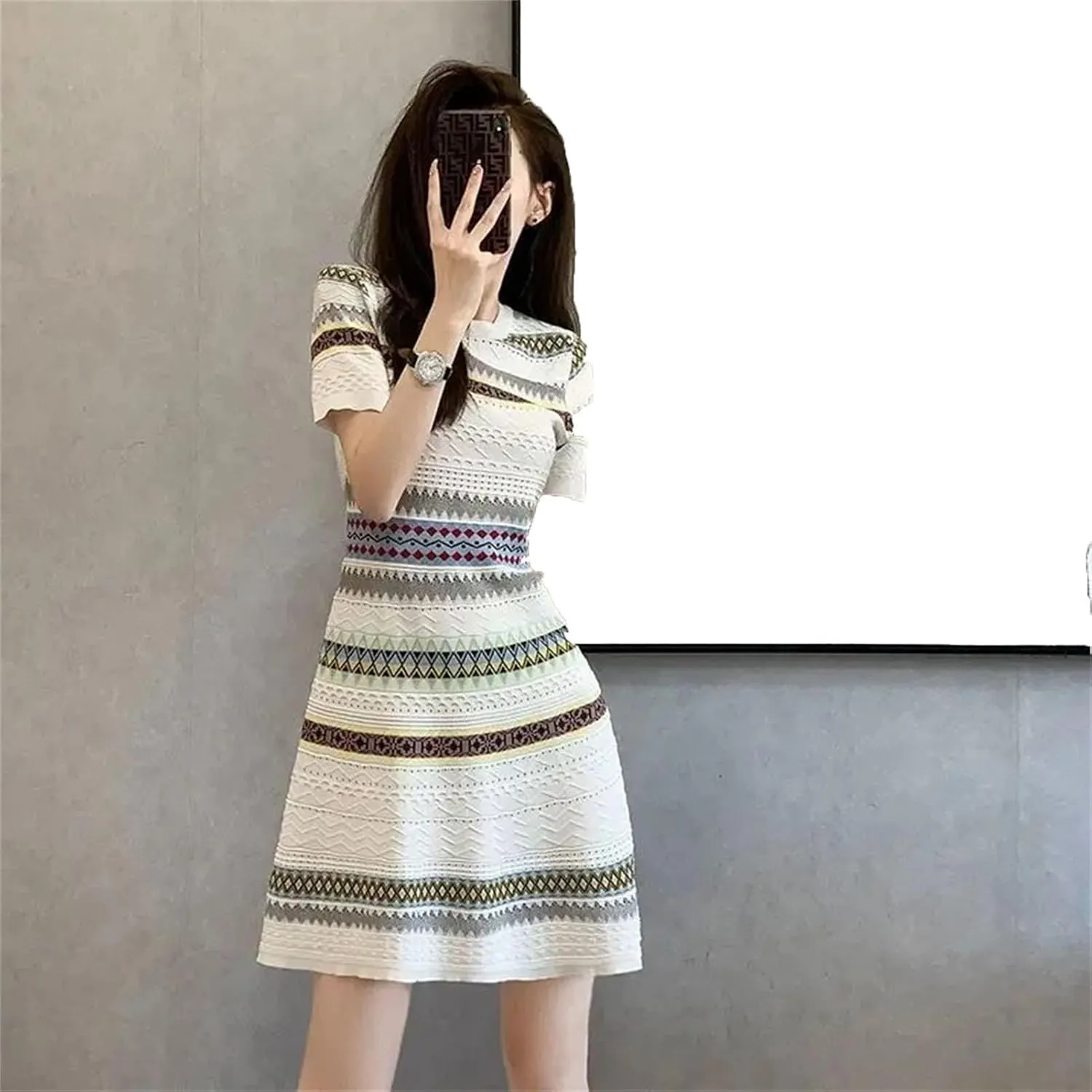 Women's Striped Knitted Mini Dress - French Retro O-Neck Short Sleeve Elegant Bodycon