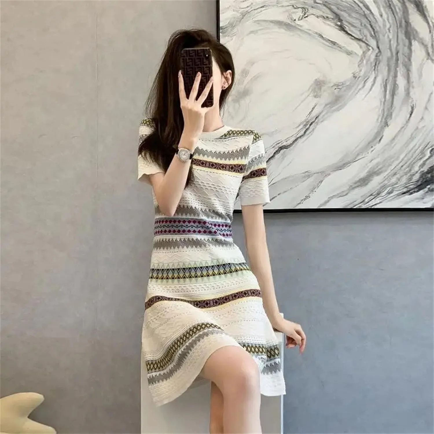 Women's Striped Knitted Mini Dress - French Retro O-Neck Short Sleeve Elegant Bodycon