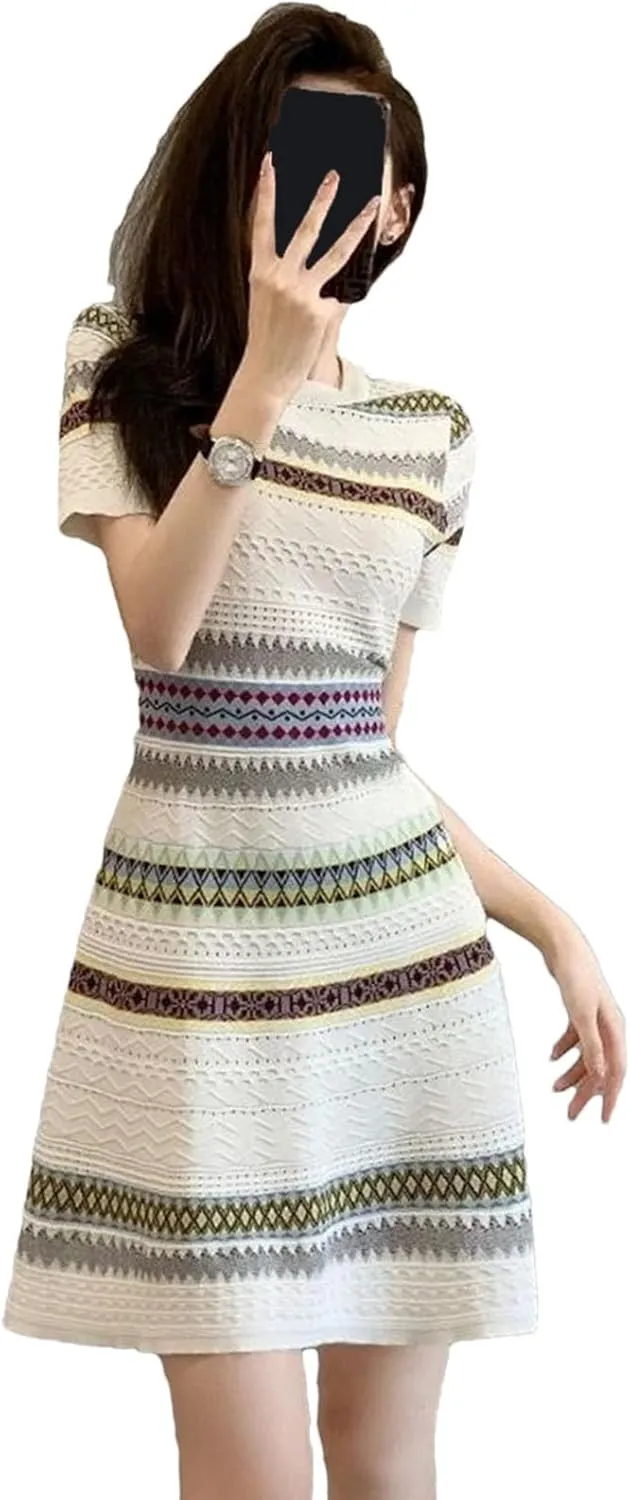 Women's Striped Knitted Mini Dress - French Retro O-Neck Short Sleeve Elegant Bodycon