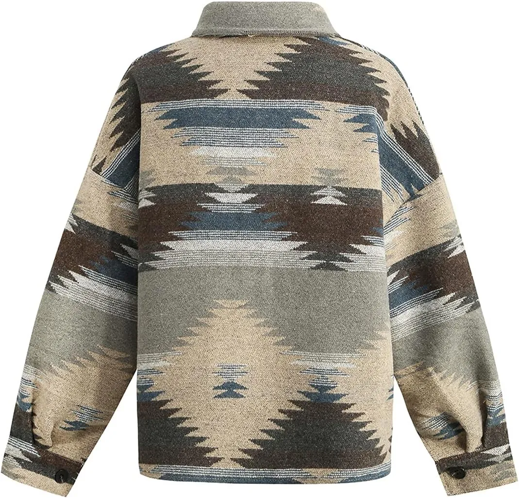 Women's Vintage Aztec Print Pattern Loose Shacket Button Down Long Sleeve Woolen Jacket Shirts Coat