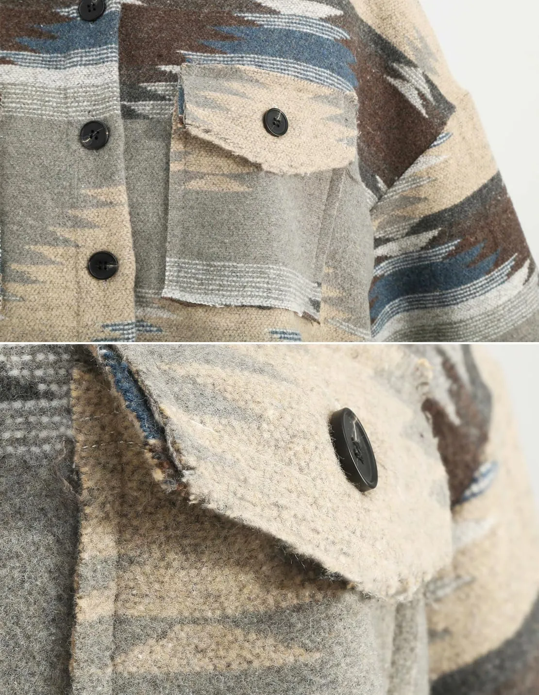 Women's Vintage Aztec Print Pattern Loose Shacket Button Down Long Sleeve Woolen Jacket Shirts Coat