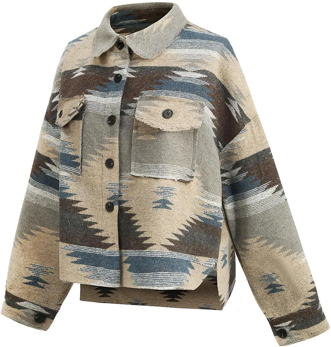 Women's Vintage Aztec Print Pattern Loose Shacket Button Down Long Sleeve Woolen Jacket Shirts Coat