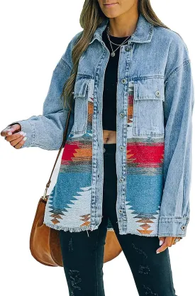 Women's Vintage Aztec Print Pattern Loose Shacket Button Down Long Sleeve Woolen Jacket Shirts Coat
