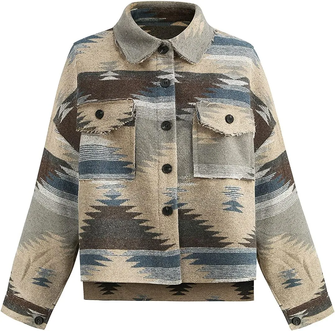 Women's Vintage Aztec Print Pattern Loose Shacket Button Down Long Sleeve Woolen Jacket Shirts Coat