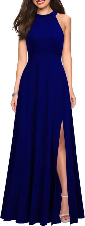WOOSEA Women's High Neck Sleeveless A-Line Split Evening Cocktail Long Dress