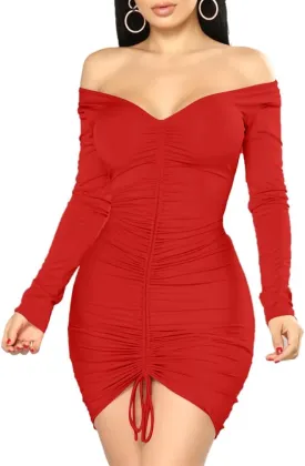 XXTAXN Women's Sexy Elegant Long Sleeve Off The Shoulder Ruched Mini Dress