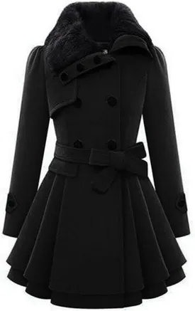 xxxiticat Women's Double Breasted Trench Coat Long Sleeve Faux Fur Lapel Flared Hem Belted Winter Warm Jacket Overcoat