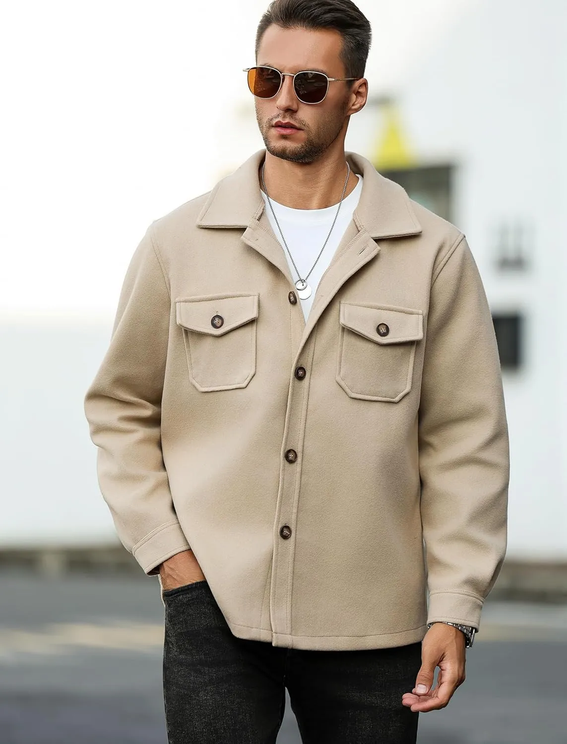 ZAFUL Men's Flap Pocket Single Breasted Woolen Blend Turn Down Collar Shirt Jacket Long Sleeve Winter Coat