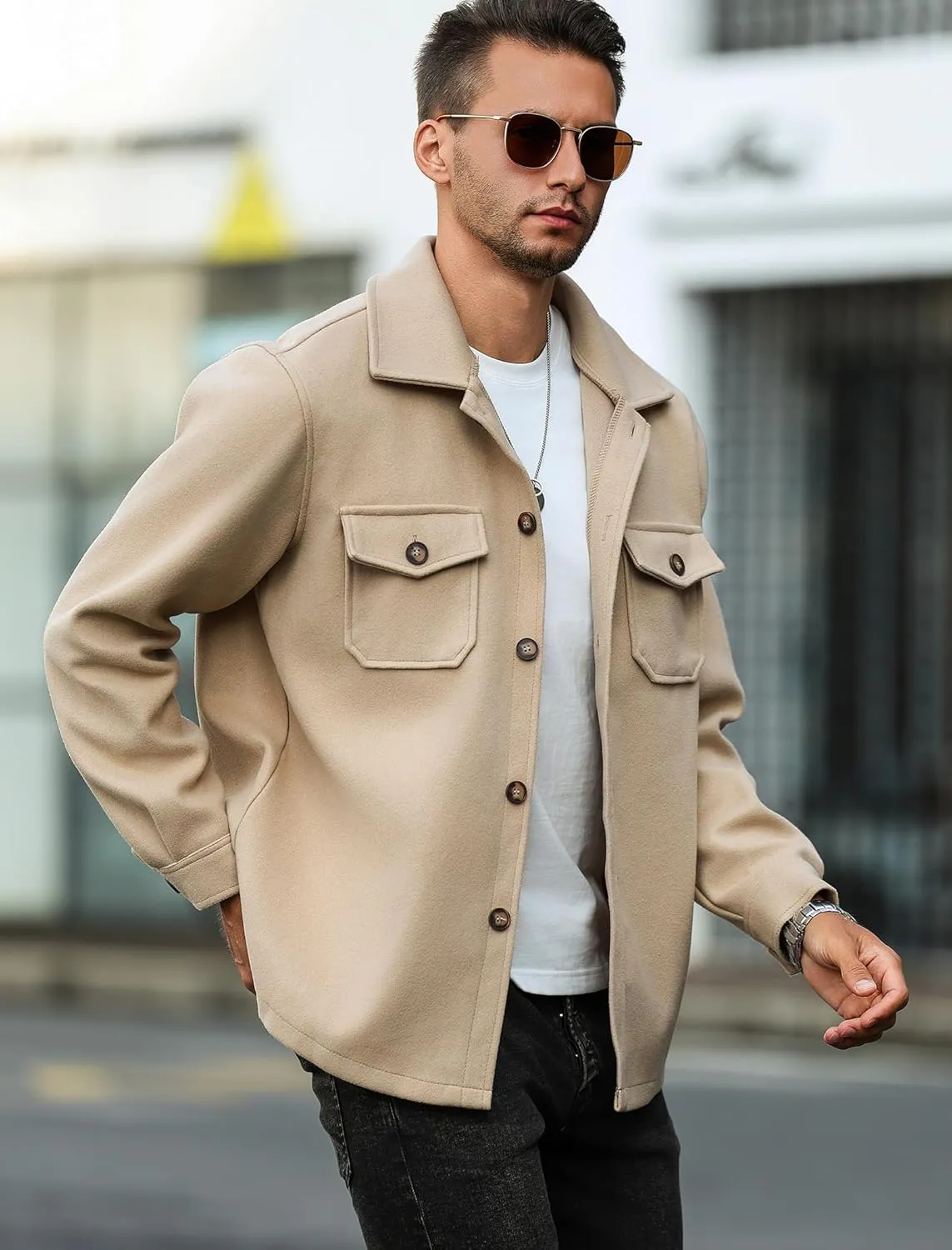 ZAFUL Men's Flap Pocket Single Breasted Woolen Blend Turn Down Collar Shirt Jacket Long Sleeve Winter Coat