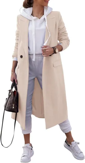 Zwurew Women's Double Breasted Pea Coat Winter Notched Lapel Collar Wool Blend Long Trench Coat Jackets